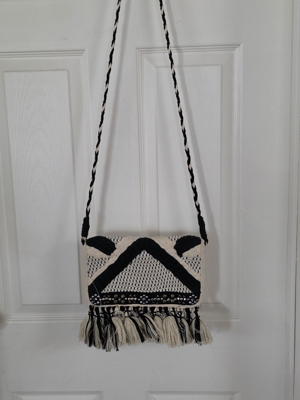 America & Beyond Woven Braided Black/Cream Fringe BOHO Crossbody Bag